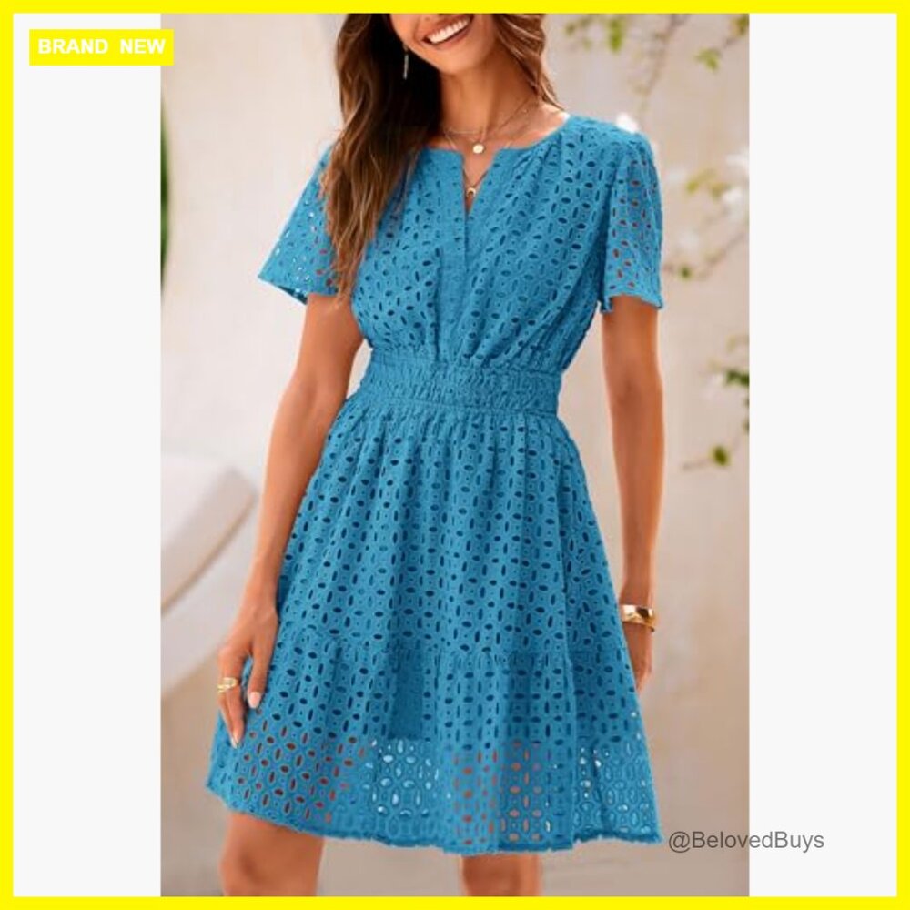 V-Neck A-Line Mini Dress with Lace Detail, Short Sleeve, Casual Summer - Picture 3 of 7
